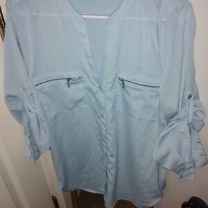 Calvin Klein Light Blue Women's Button-Down Shirt with Zip Pockets